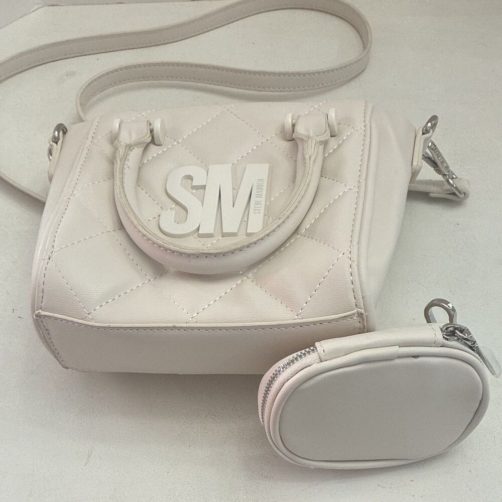 Steve Madden White Quilted Satchel Top Handle Crossbody Coin Purse Silver